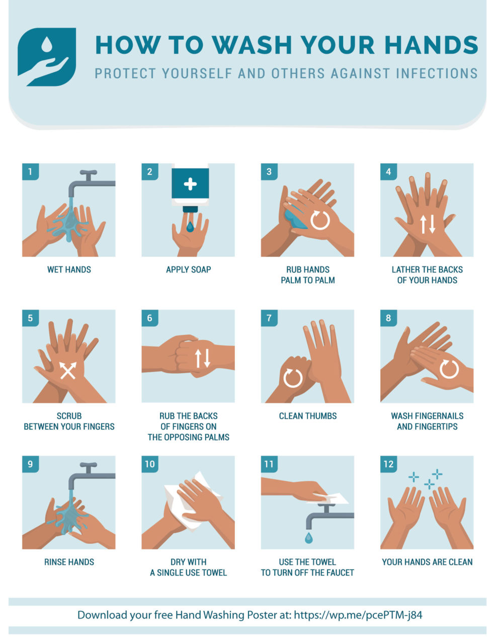 How to wash your hands to protect yourself and others against infections. A free printable poster.