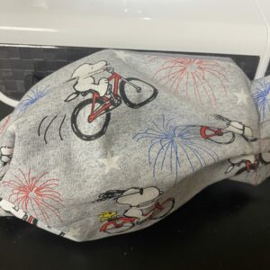Snoopy & Woodstock on a Bicycle with Fireworks Face Mask - A 4th of July Patriotic Face Mask with Snoopy and Woodstock on it. #Snoopy #Woodstock