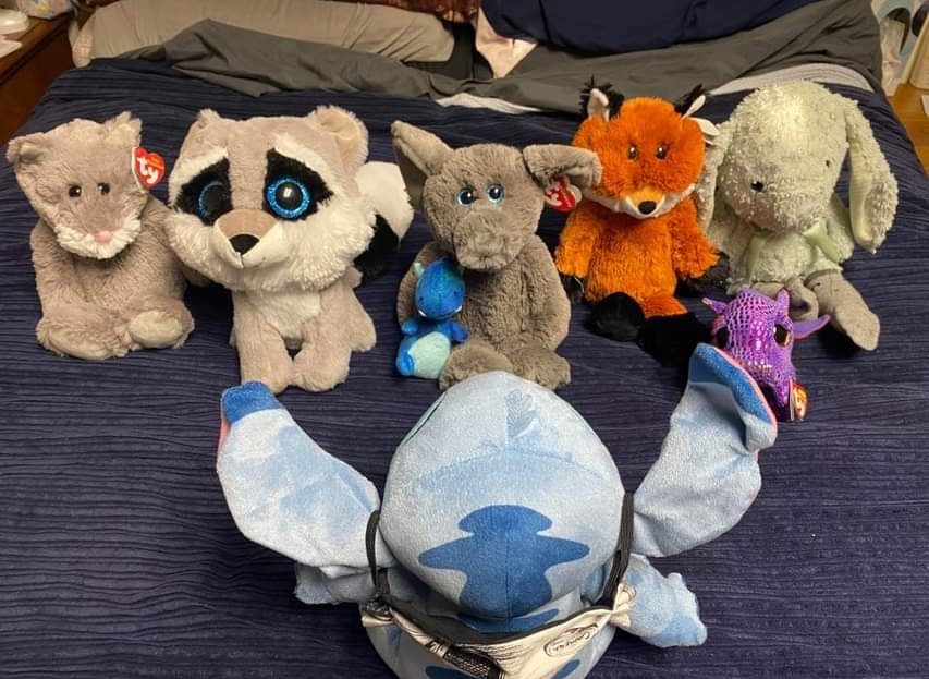 Meet All of the Lovies - These lovies, stuffed animals are the sales people for SteveZ MaskZ. When we go out and about and shopping for fabric and supplies they stay in the car with a business card and promote SteveZ MaskZ.