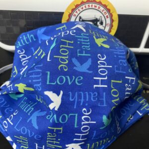 Faith, Hope and Love Face Mask - a blue face mask with faith, hope and love on it. #Faith #Hope #Love