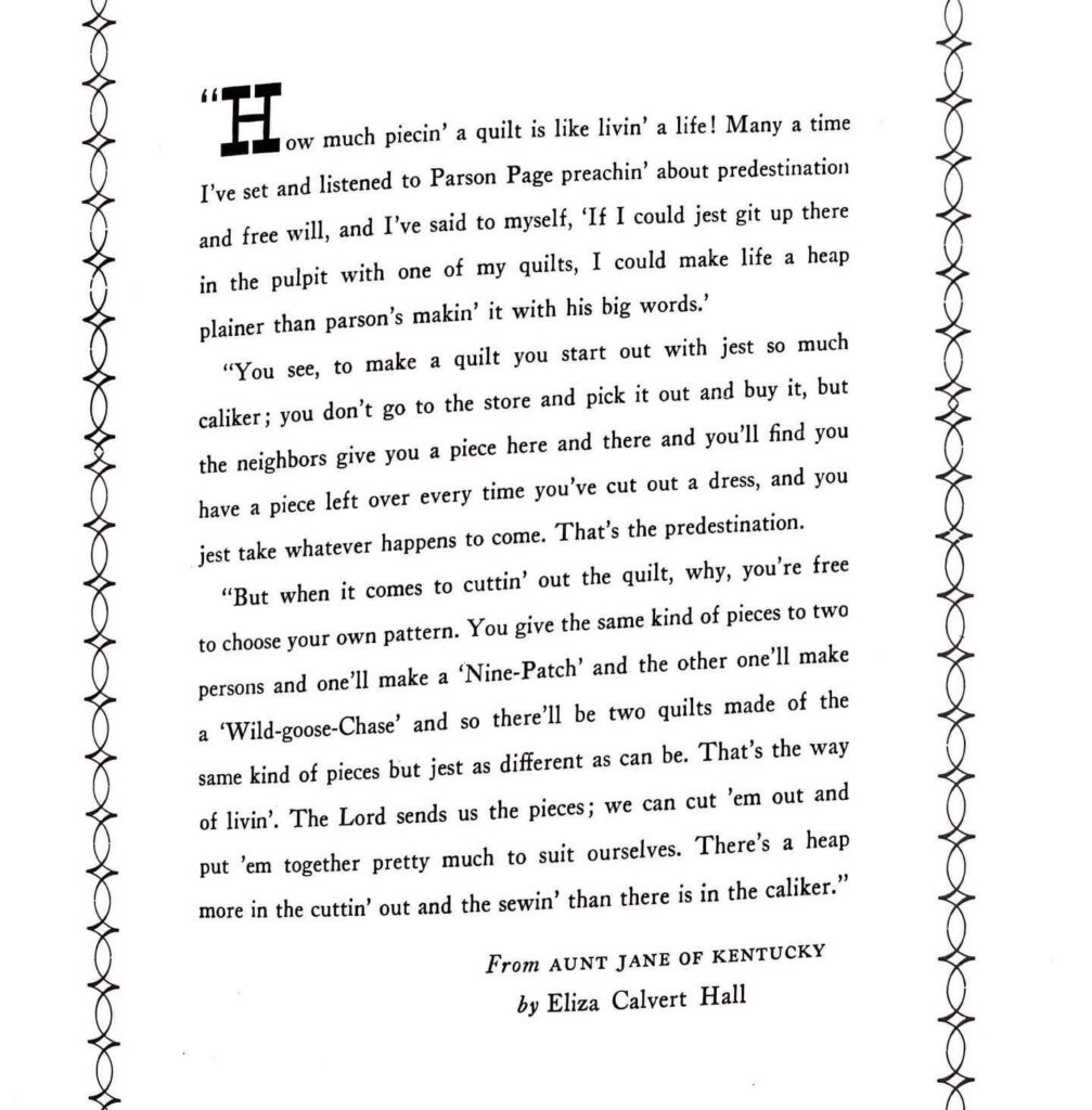 A quilt is like livin' a life - An insert from The Standard Book of Quilt Making and Collecting 1949 where Aunt Jane shared about free will and predestination. #quilt #quiltlife #AuntJane #quilts of Instagram #freewill #predestination 