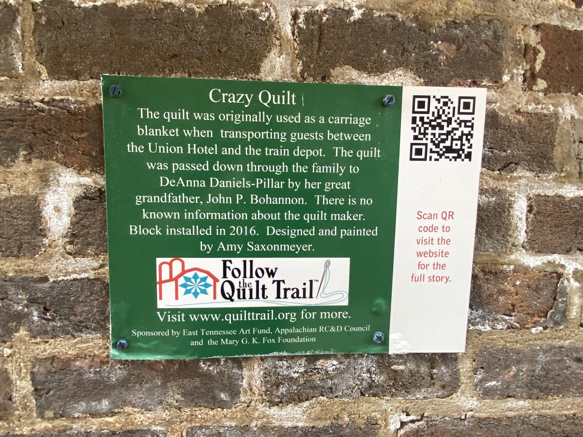 Union Hotel Crazy Quilt - a quilt block on the Downtown Greeneville Follow the Quilt Trail. #QuiltTrail GreenevilleTN #CrazyQuilt #UnionHotel #QuiltAlley 