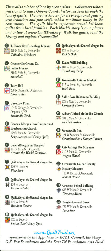 List of the Quilt Trail for Downtown Greeneville (Back of Rack Card)