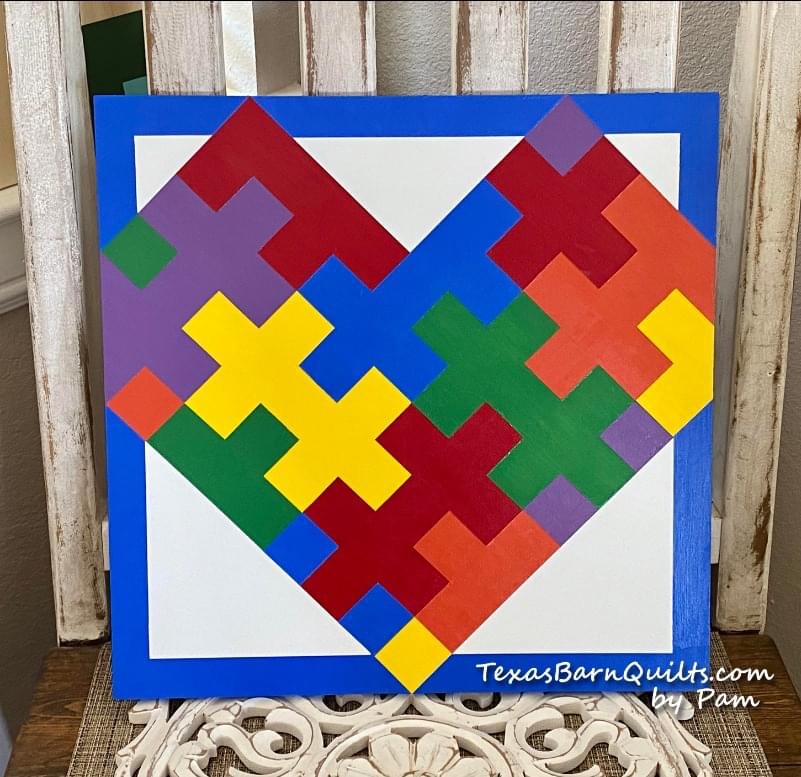 Autism Awareness Barn Quilt a Texas Barn Quilt by Pam Spillman O’dell. #Autism #AutismBarnQuilt #AutusmAwareness #TexasBarnQuilts 