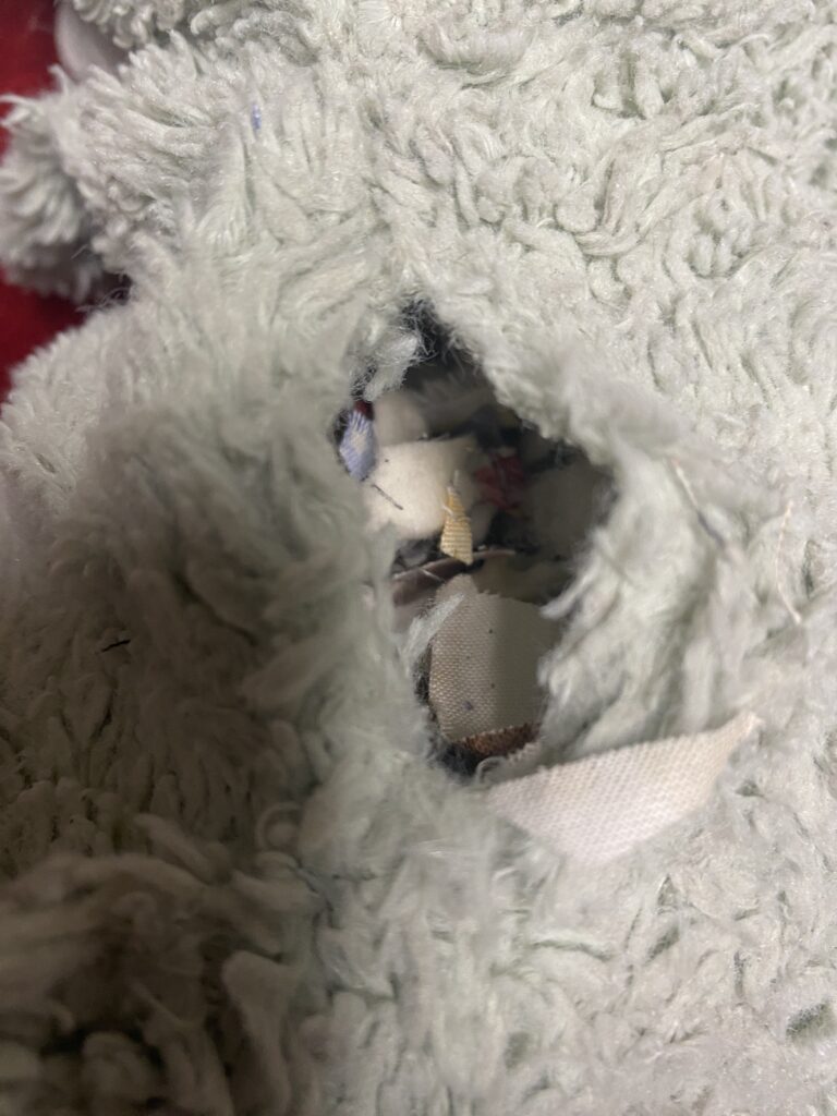 Now, cut a slit in the stuffed animal if one isn’t already there. ​