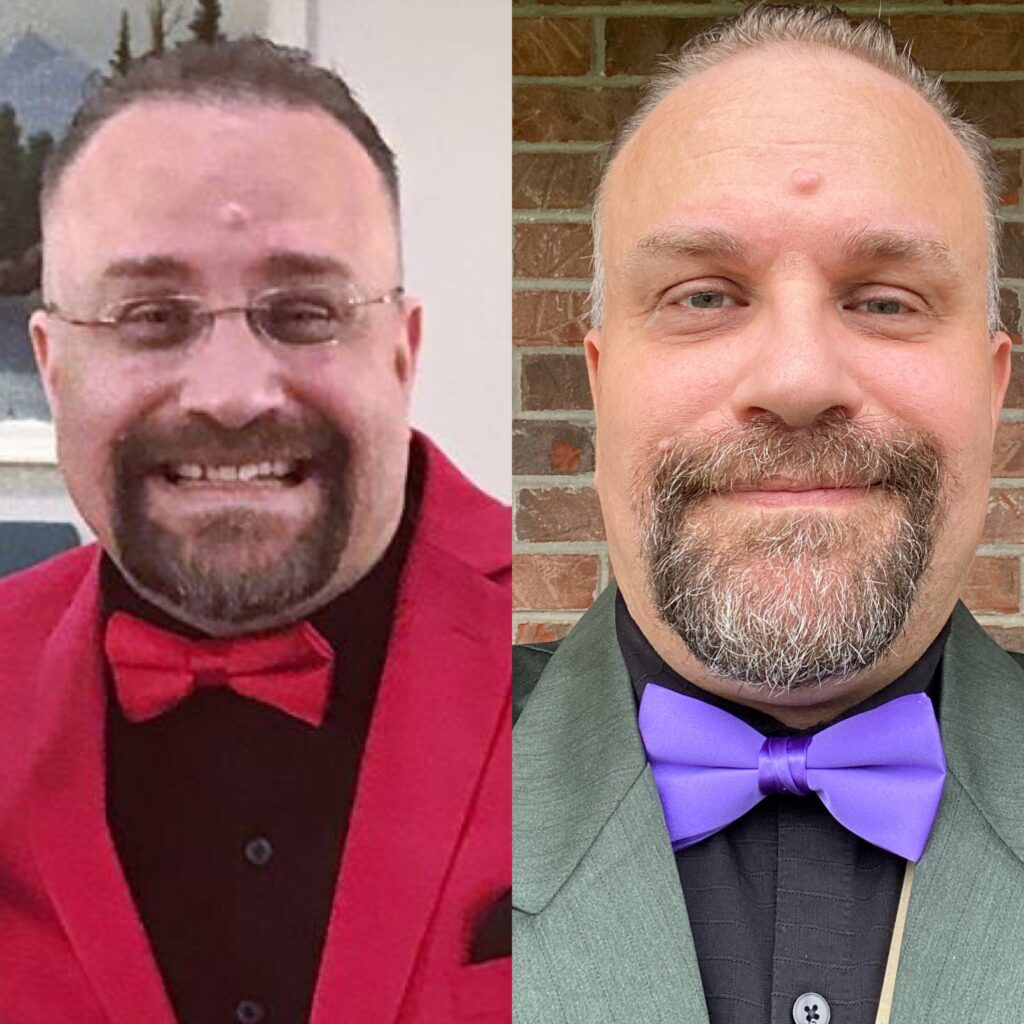 Steve wearing store bought bow ties here (left red - at his wedding got clearanced and right at his sisters funeral he got at a thrift store)