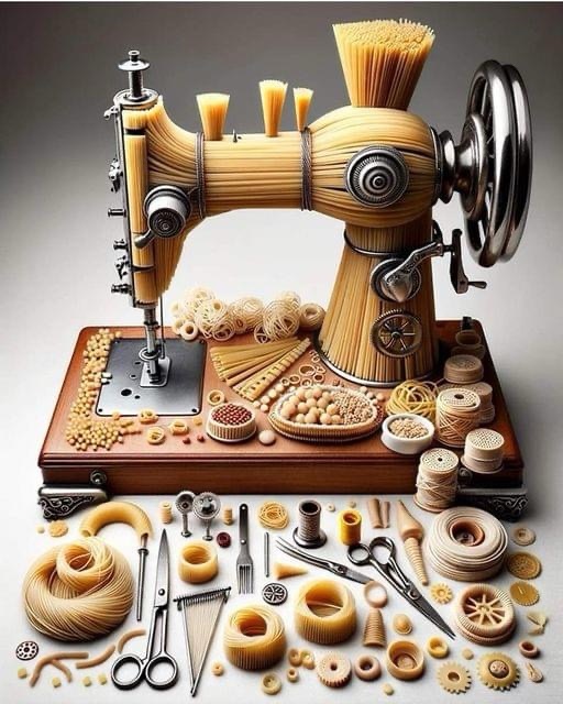 Pasta Sewing Machine - here is a creative sewing machine art made with all kinds of pasta noodles.