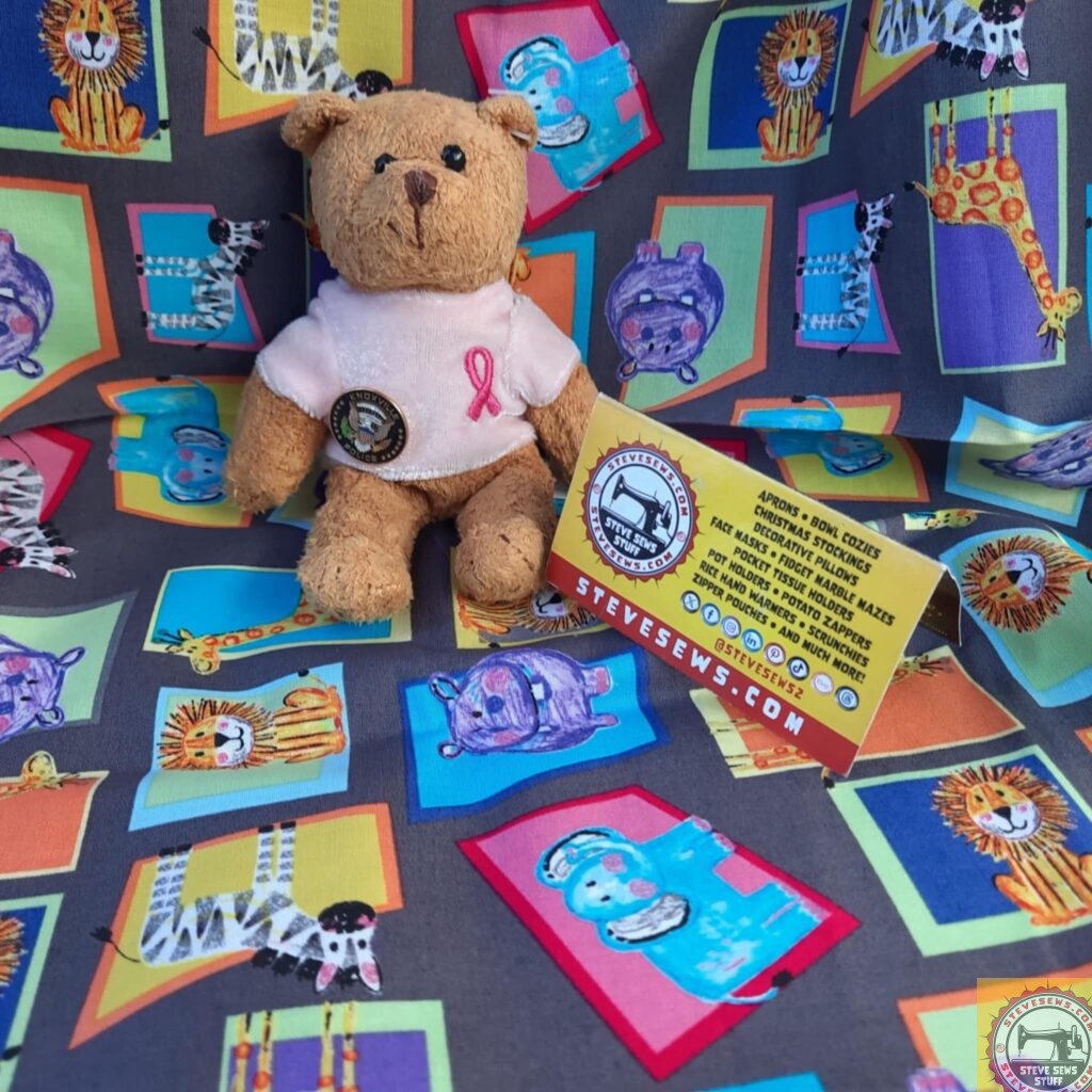 Annette Bear got to go out on the first weekend of 2025. She was one of Steve’s mom’s Lovees. Since she passed away she now has her furever home with Steve Sews. She is showing off this wild animals fabric. 